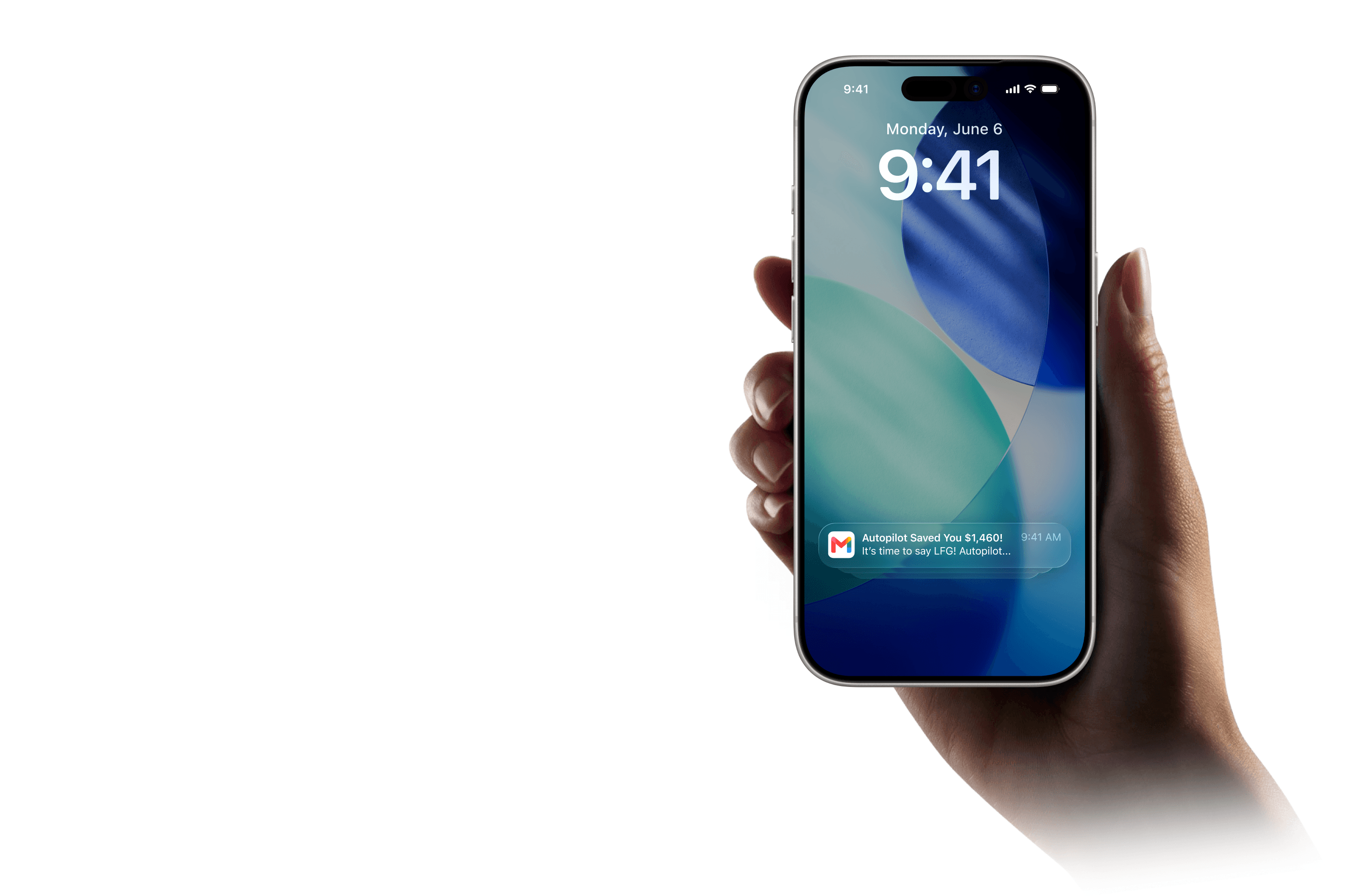 A hand holding an iPhone; the lock screen shows an Autopilot notification: “Autopilot Saved You $1,460!”