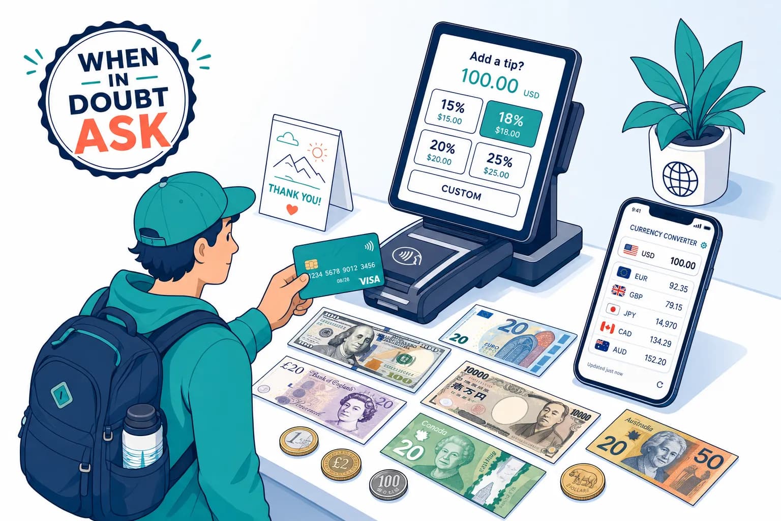 Illustration of a traveler choosing a tip on a card terminal, with foreign banknotes and a currency converter app