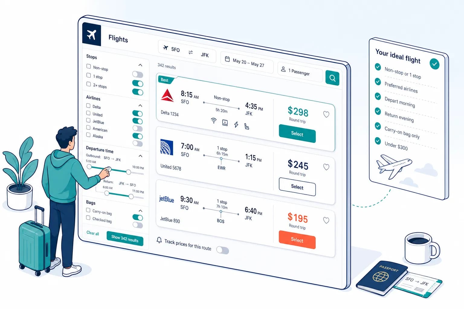 Google Flights search filters and flight results comparison