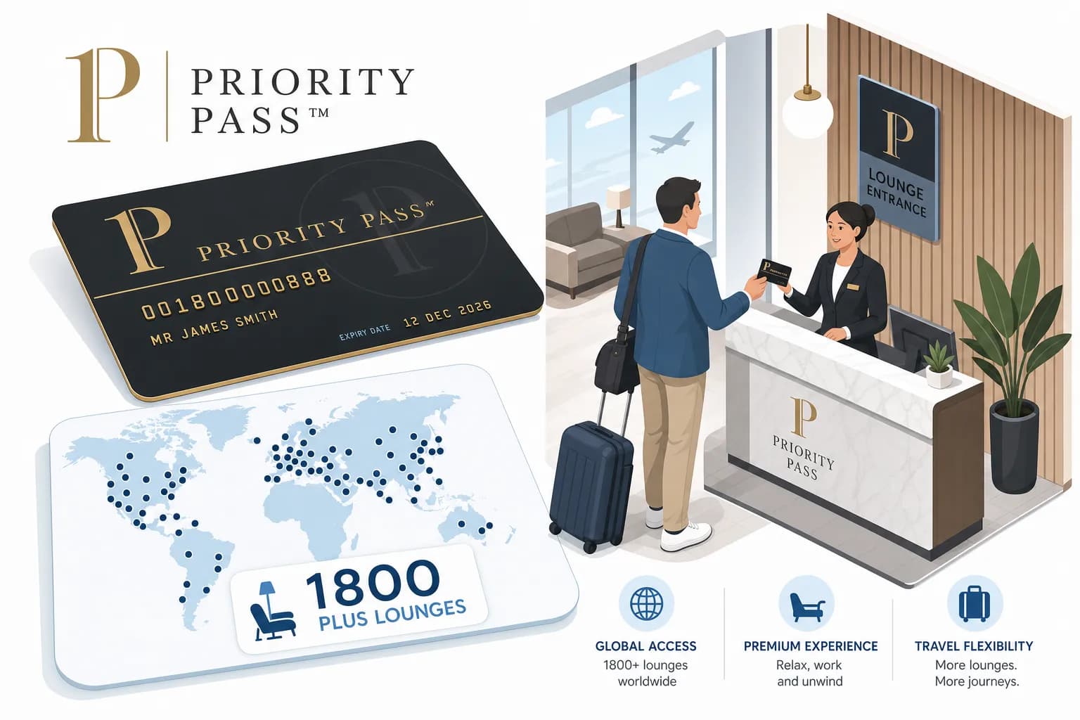Priority Pass membership card and global lounge network map