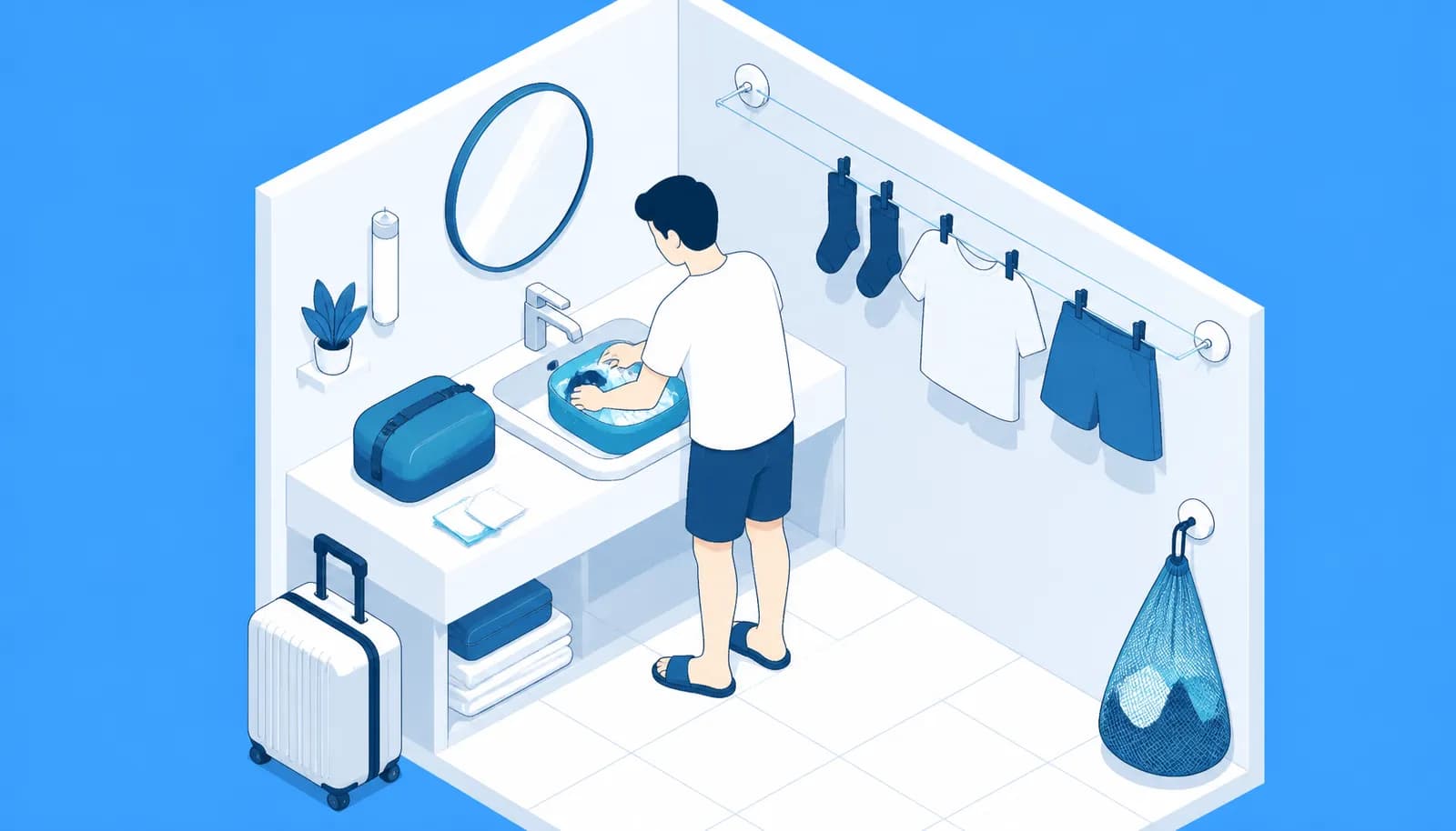 Illustration of travel laundry being done in a hotel sink with clothes hanging to dry