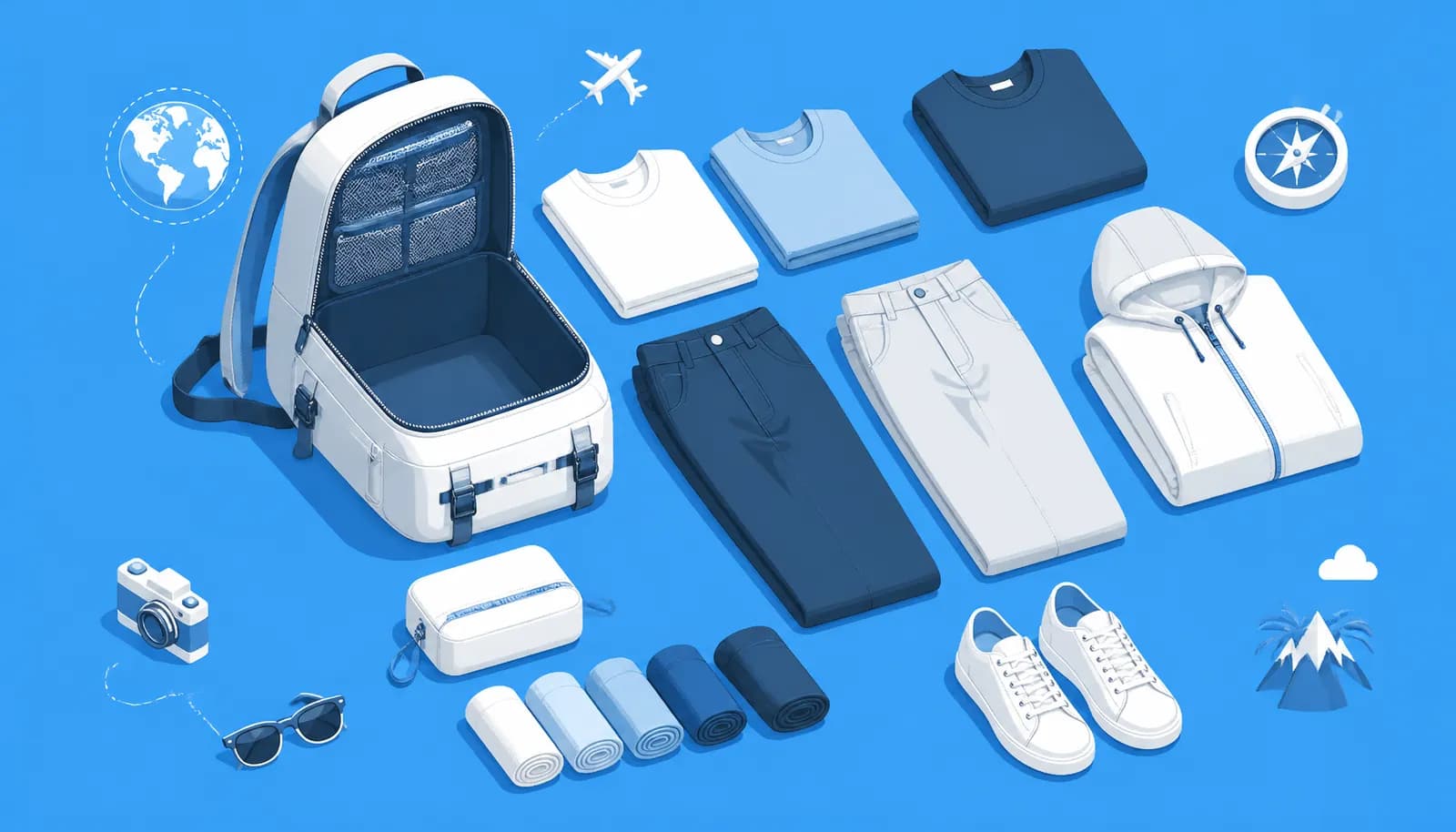 Flat-lay illustration of a capsule travel wardrobe with mix-and-match clothing items organized by color palette