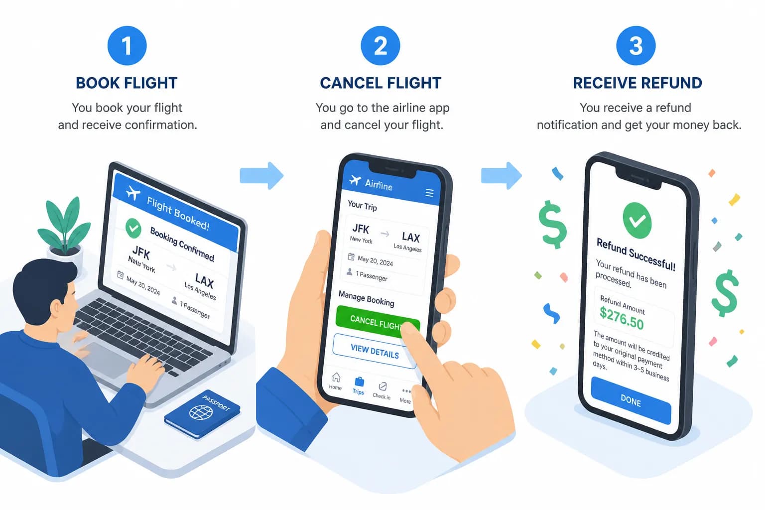 Three-step visual guide showing how to cancel a flight within 24 hours: book, cancel online, receive refund