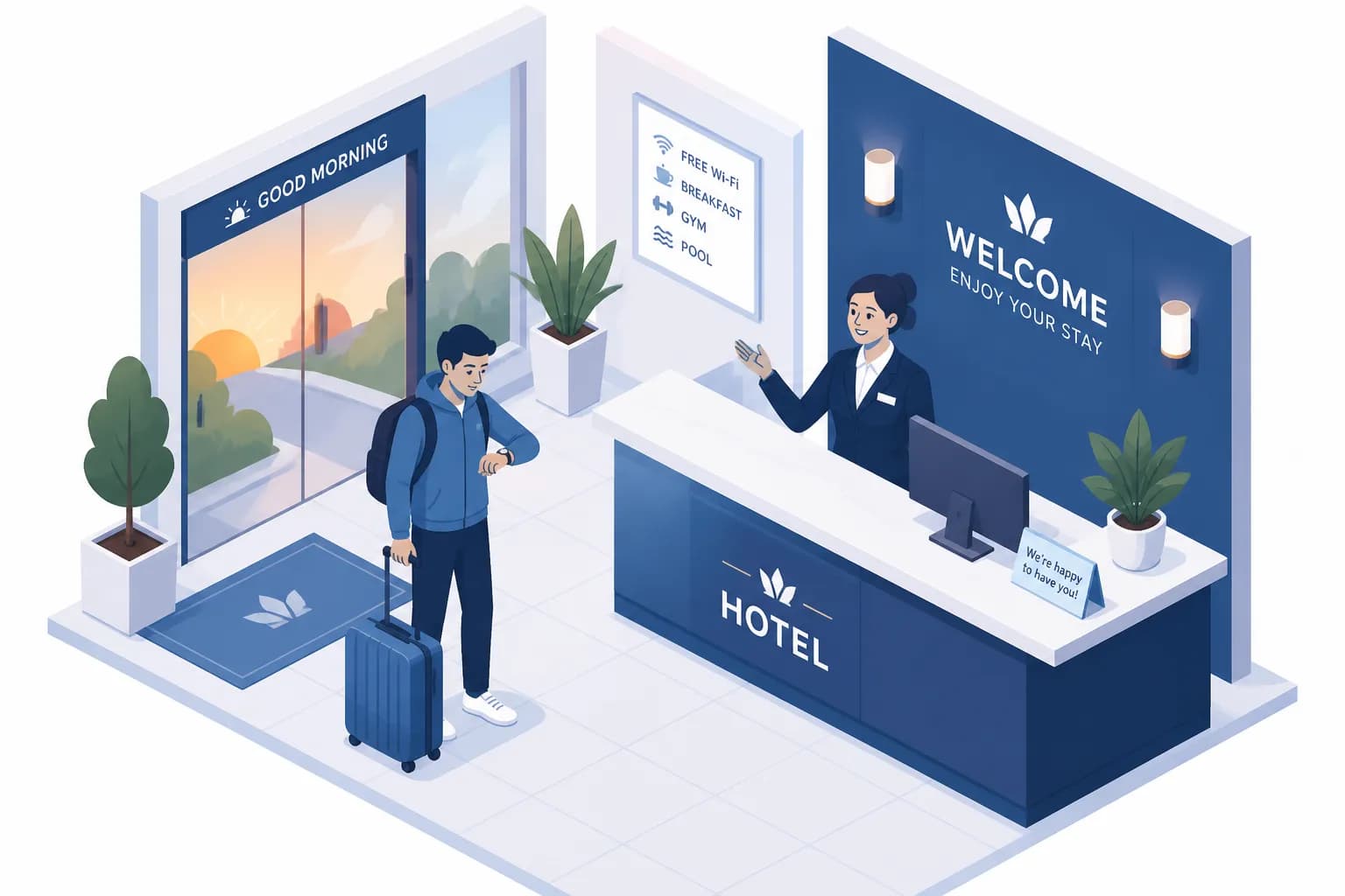 Isometric world map illustration highlighting different hotel check-in times across regions with small clock icons over each continent