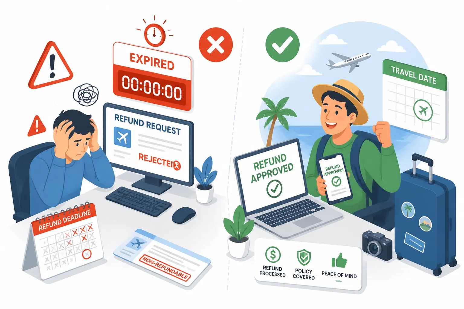 Split illustration showing a missed 24-hour cancellation window versus a successful on-time cancellation with refund