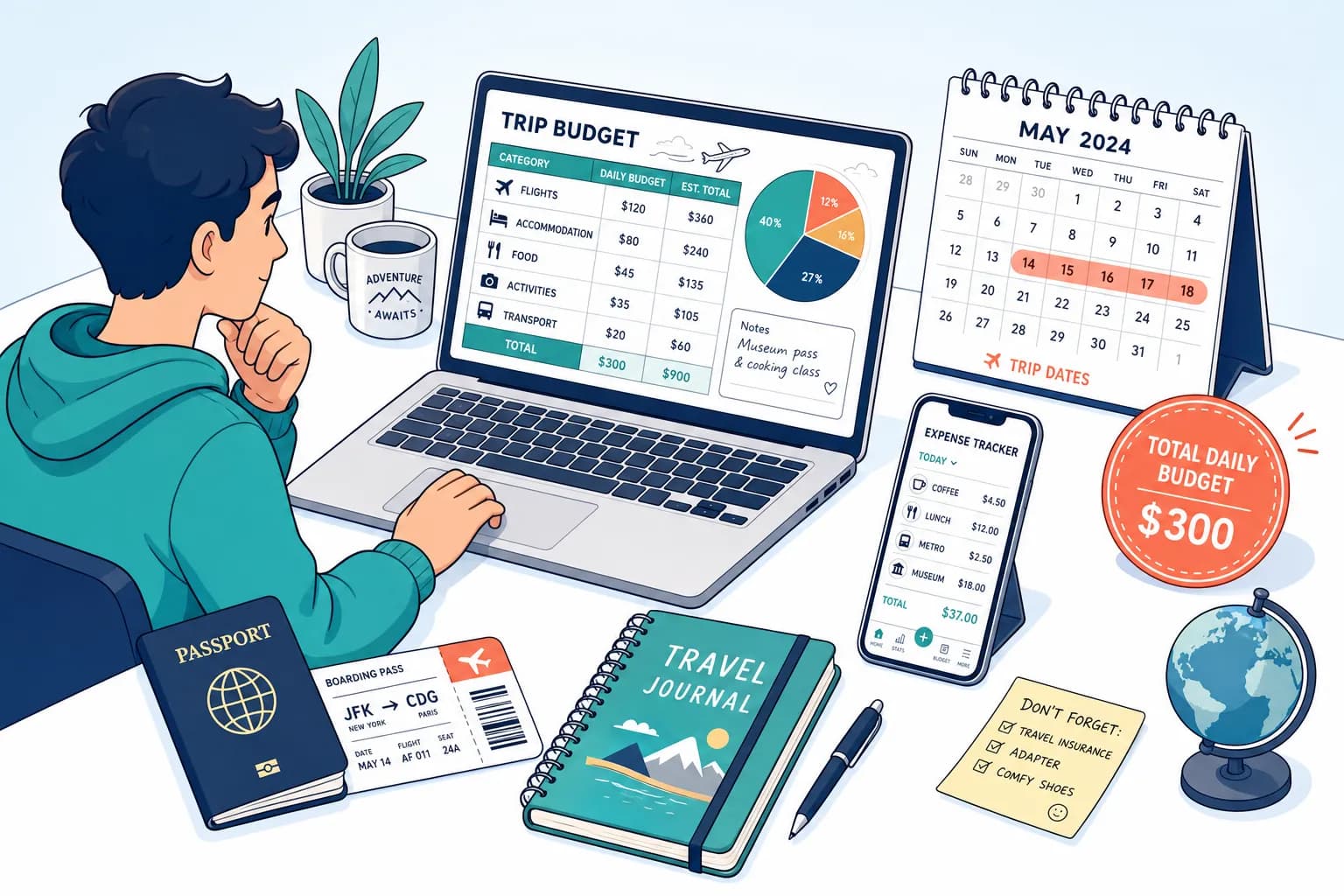 Illustration of a traveler planning a trip budget on a laptop, with a category breakdown, trip calendar, and expense tracker