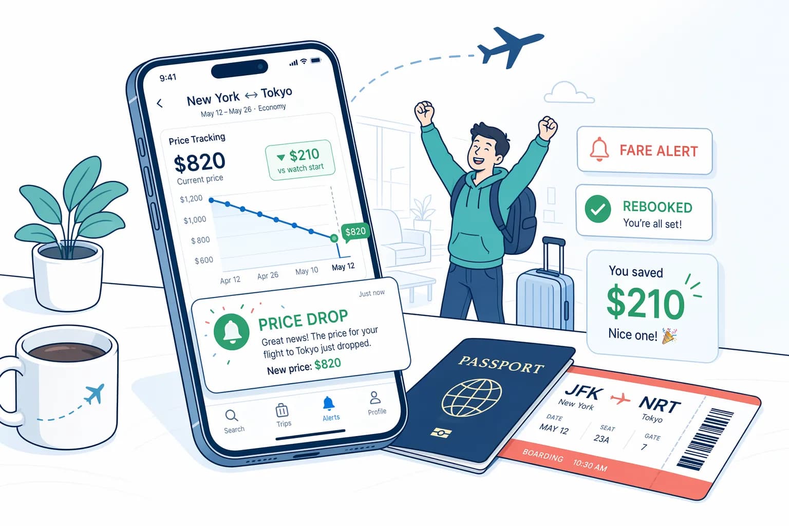 Illustration of a person monitoring flight price trends on their phone