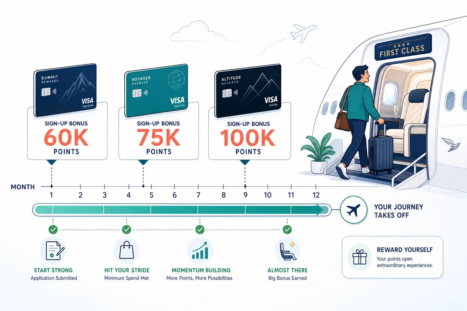 First-year travel hacking timeline showing credit card signup bonus strategy