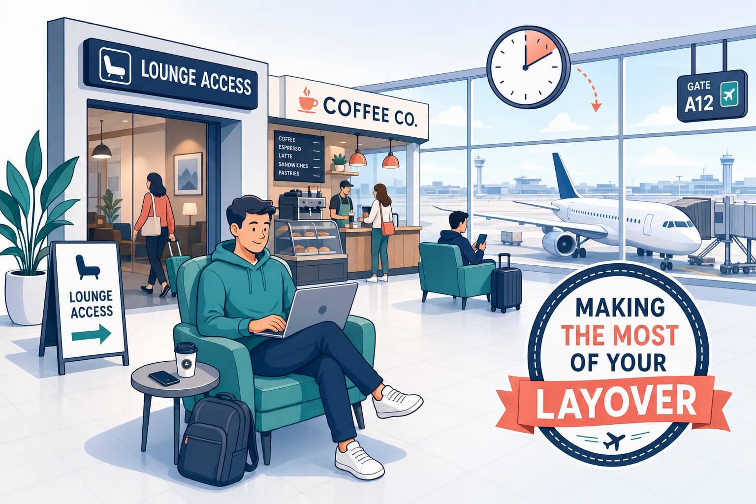 Traveler relaxing in airport lounge during a long layover with coffee and laptop