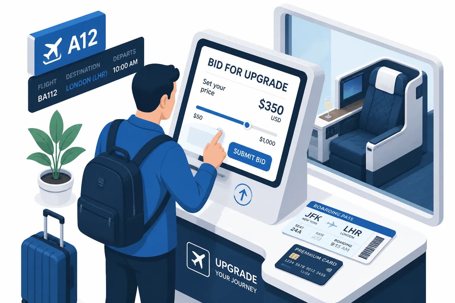 Flat illustration of a traveler at an airport check-in kiosk seeing an upgrade offer on screen