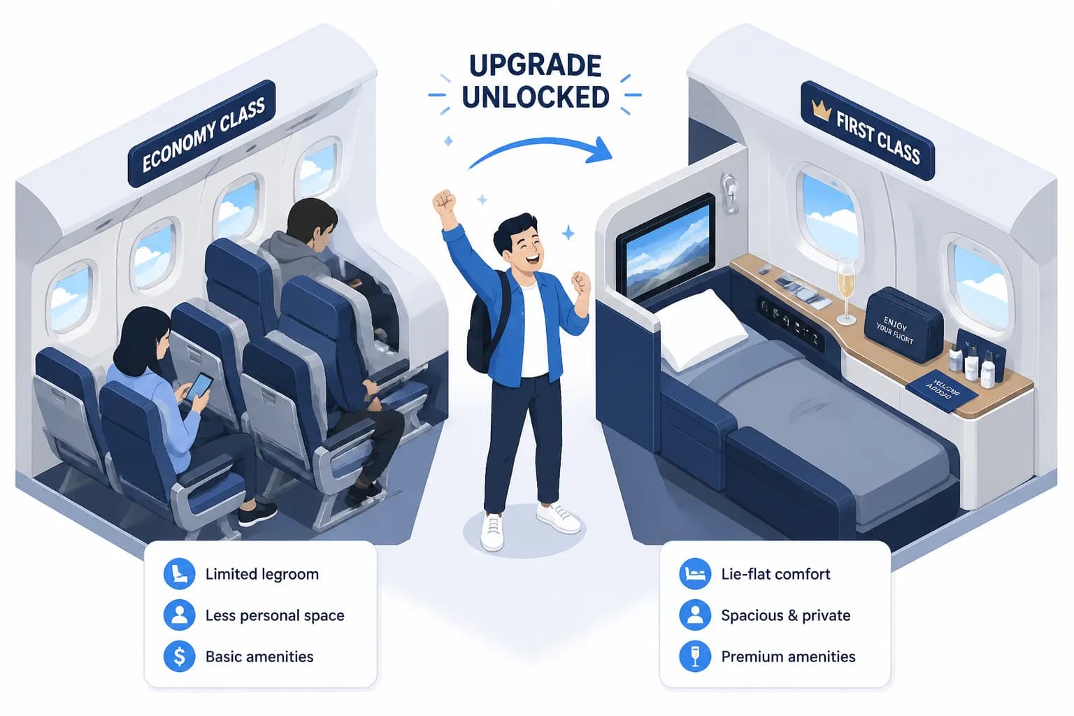 Flat illustration of a happy traveler relaxing in a spacious first class airplane seat with a window view