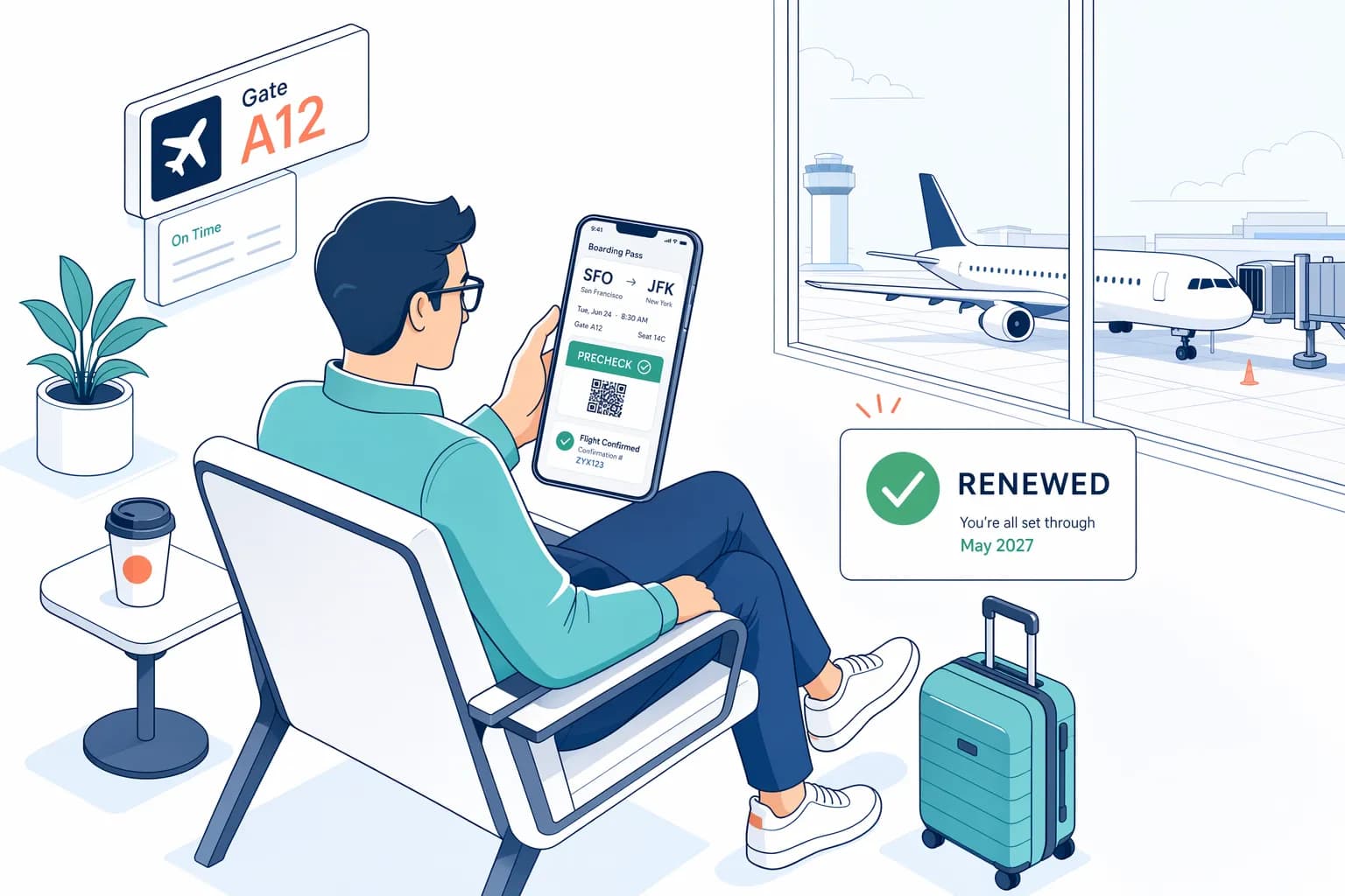Traveler at departure gate with smartphone showing PreCheck boarding pass and renewed status