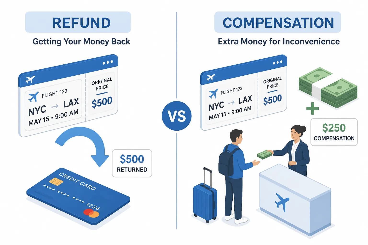 Split comparison showing the difference between a refund (getting your ticket money back) and compensation (extra money for inconvenience)