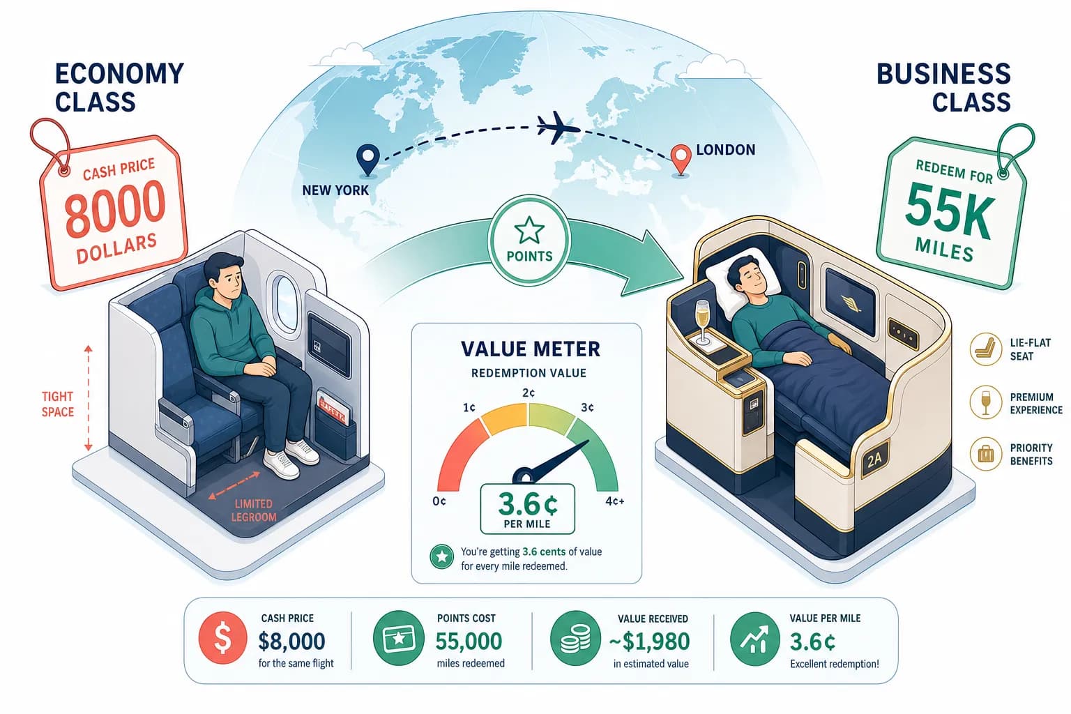Economy vs business class comparison showing points redemption value