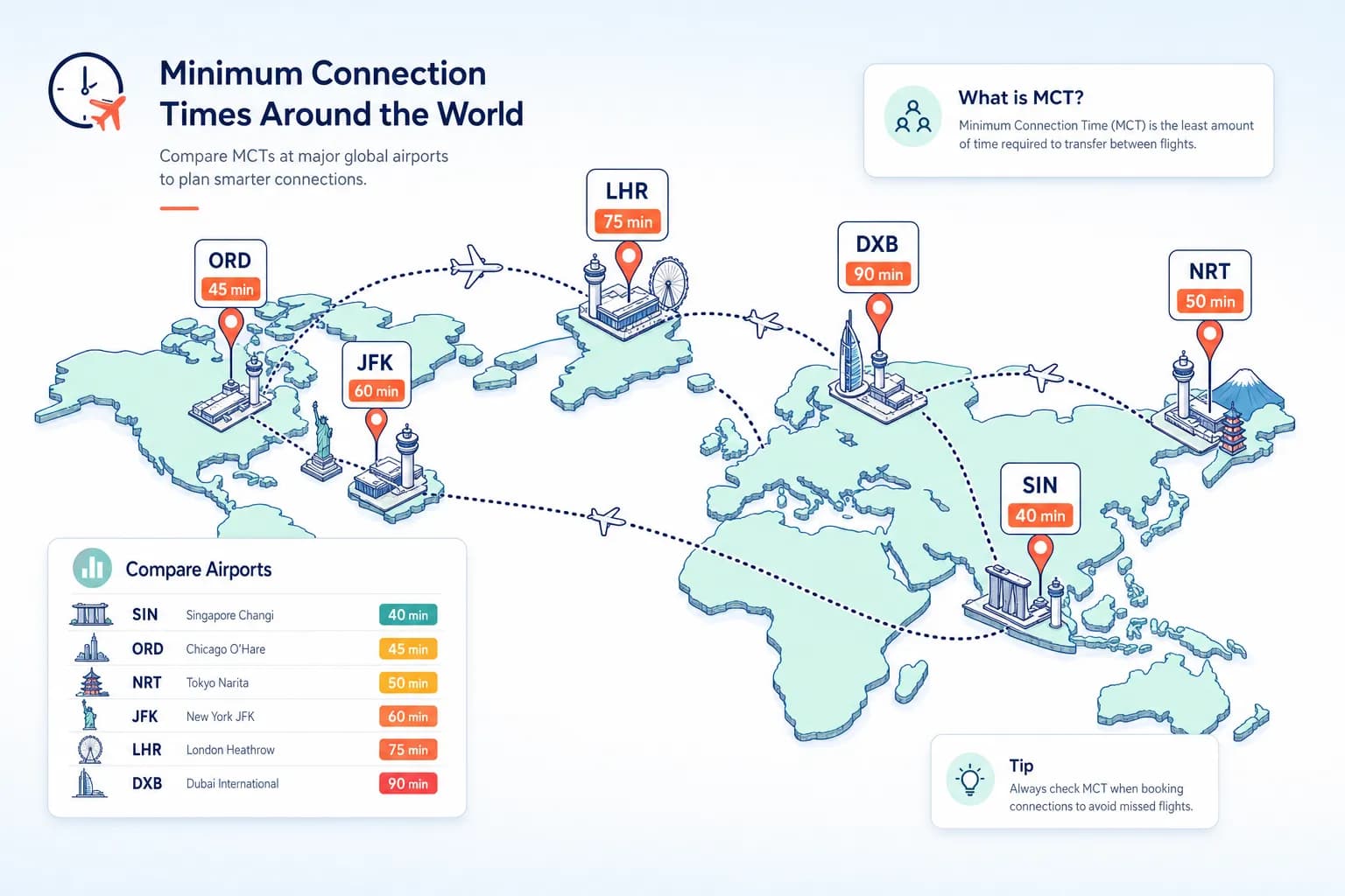 World map highlighting major hub airports and their minimum connection times
