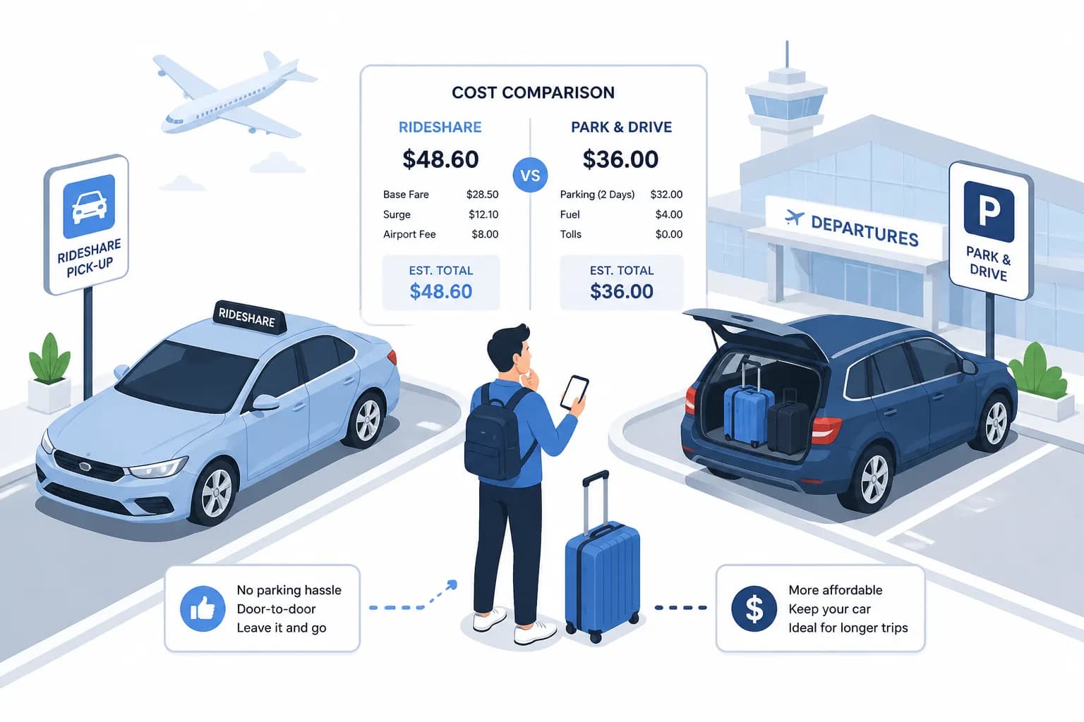 Isometric illustration of an airport parking lot with terminal shuttle buses and parked cars in organized rows