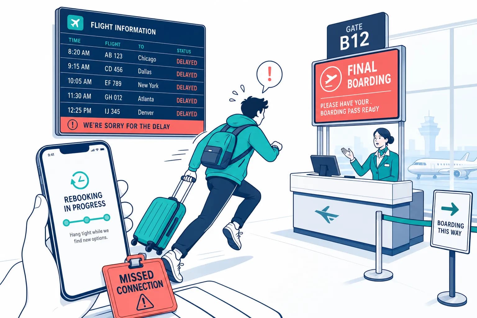 Traveler rushing to gate with FINAL BOARDING sign after a delayed incoming flight caused a missed connection