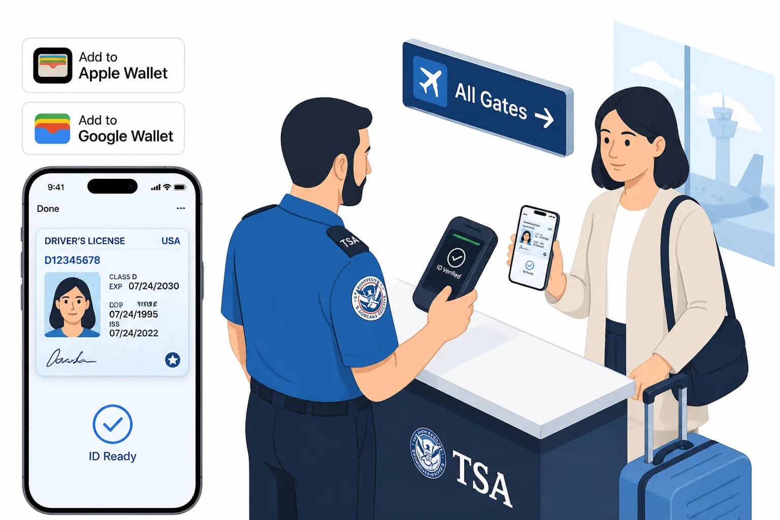 Flat illustration of travel documents including a passport, driver's license with star marking, and boarding pass