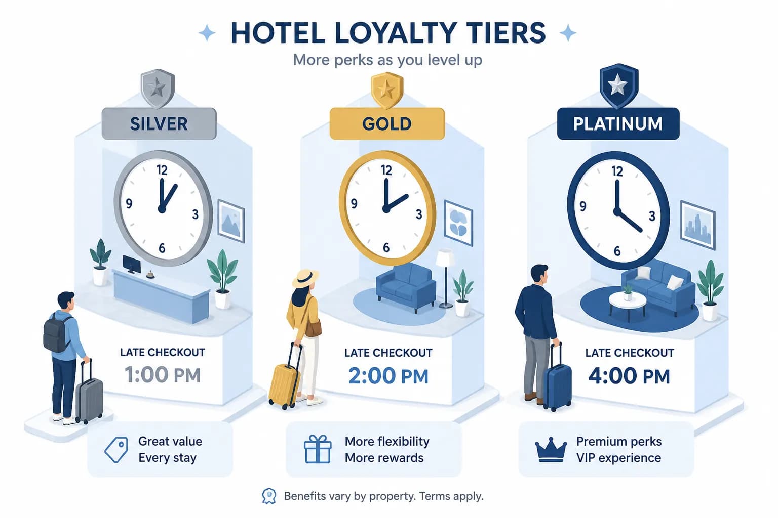 Isometric illustration of a hotel front desk with a clock showing 3 PM check-in time, luggage, and room key card