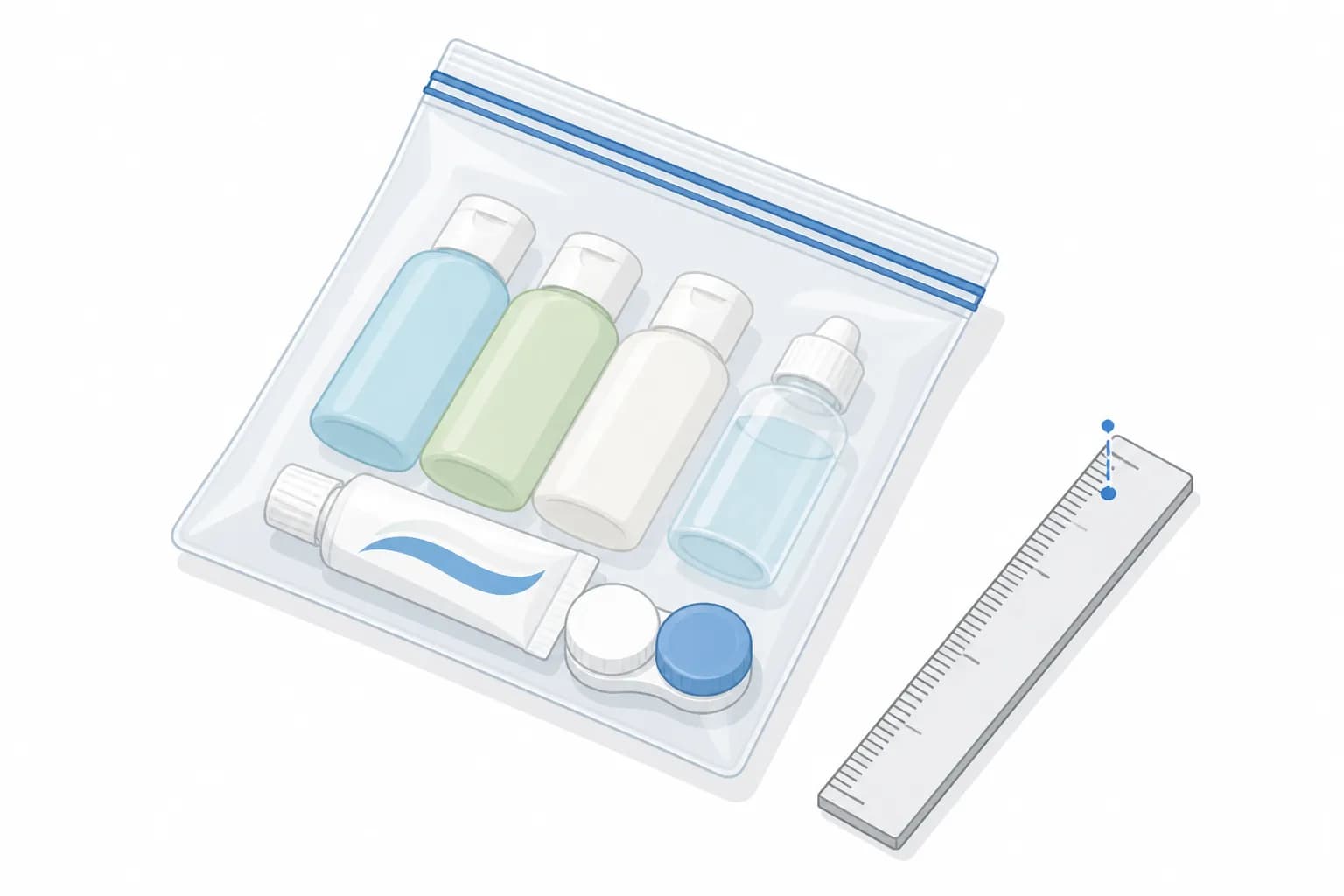 Quart-sized clear bag with travel-sized toiletries organized for TSA screening