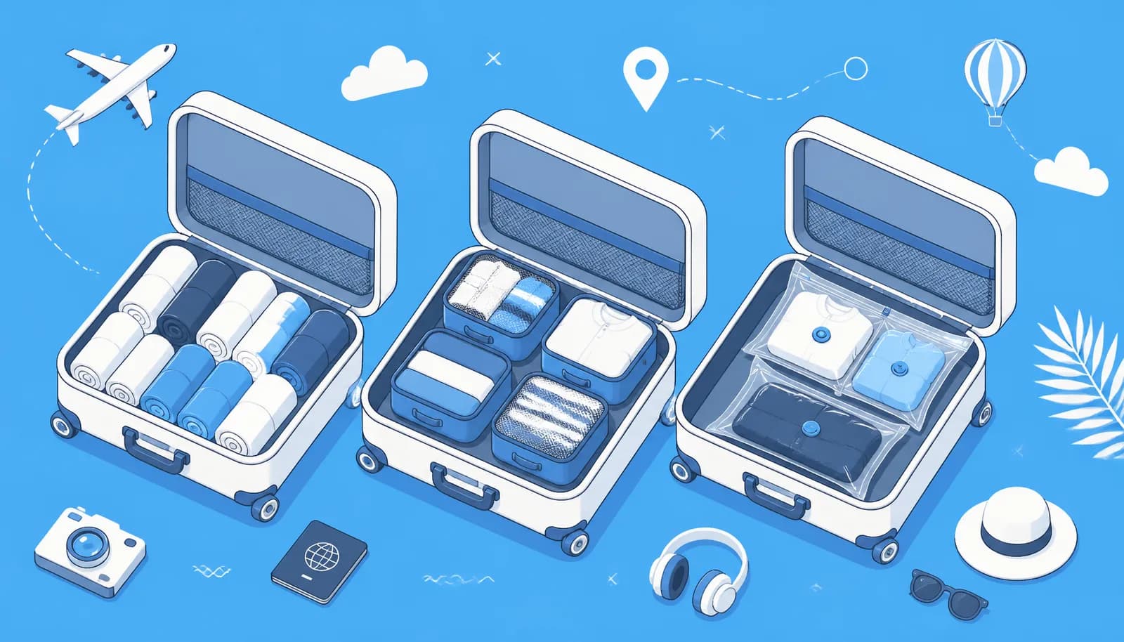 Illustration comparing regular packing cubes versus compression packing cubes side by side