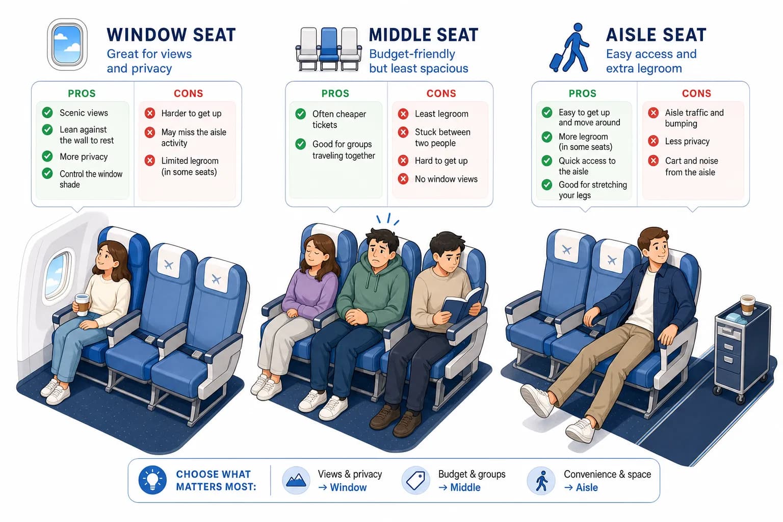 Window vs aisle vs middle seat comparison