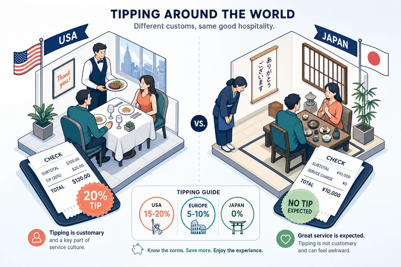 Infographic contrasting tipping culture in the USA, where 15-20% is customary, with Japan, where tipping is not expected