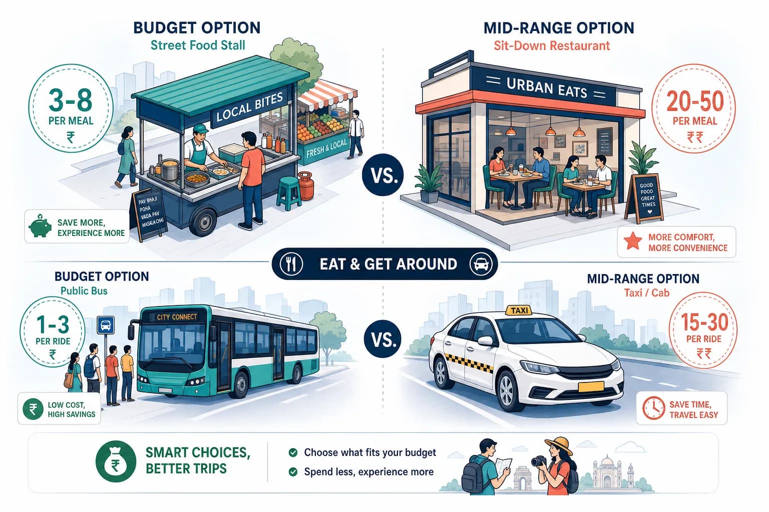 Infographic comparing budget and mid-range options for eating and getting around, from street food and public buses to restaurants and taxis