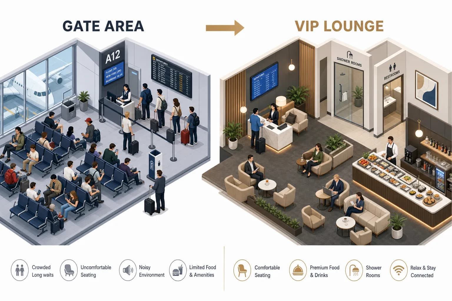 Airport gate area compared to VIP lounge interior