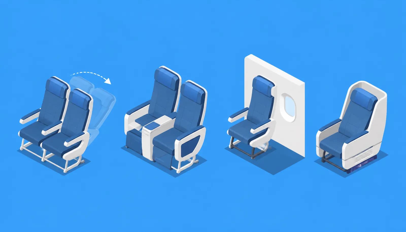 Comparison of different airplane seat types showing economy, premium economy, and business class recline options