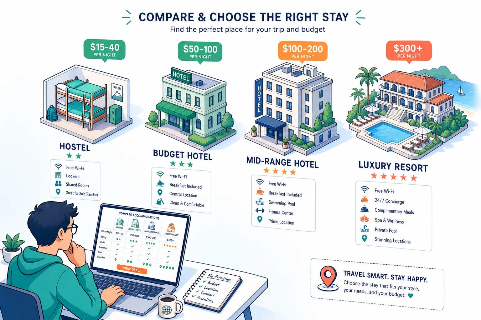 Infographic comparing accommodation tiers from hostels to luxury resorts, with typical nightly rates and amenities for each