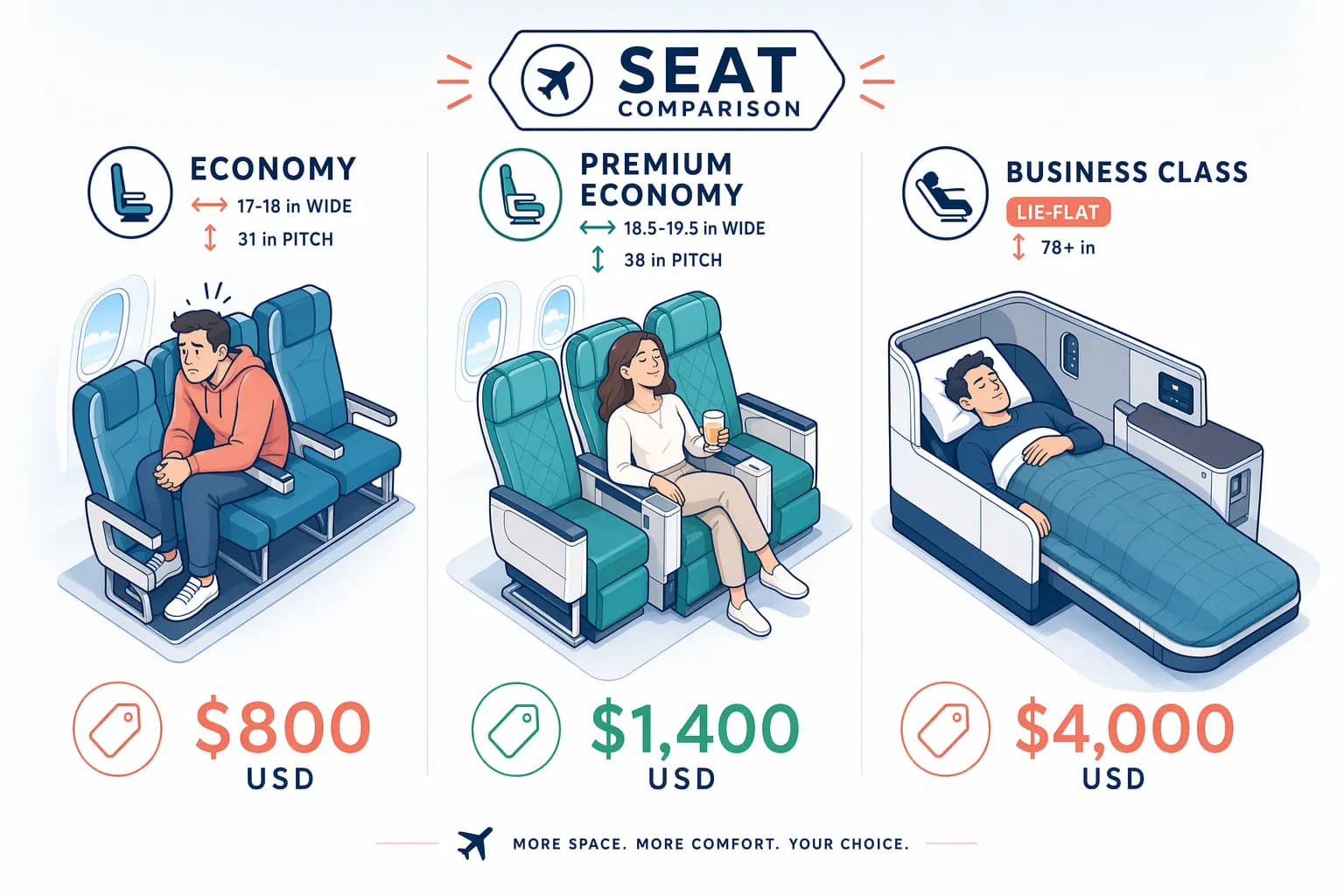 Side-by-side comparison of economy, premium economy, and business class seats with measurements and prices