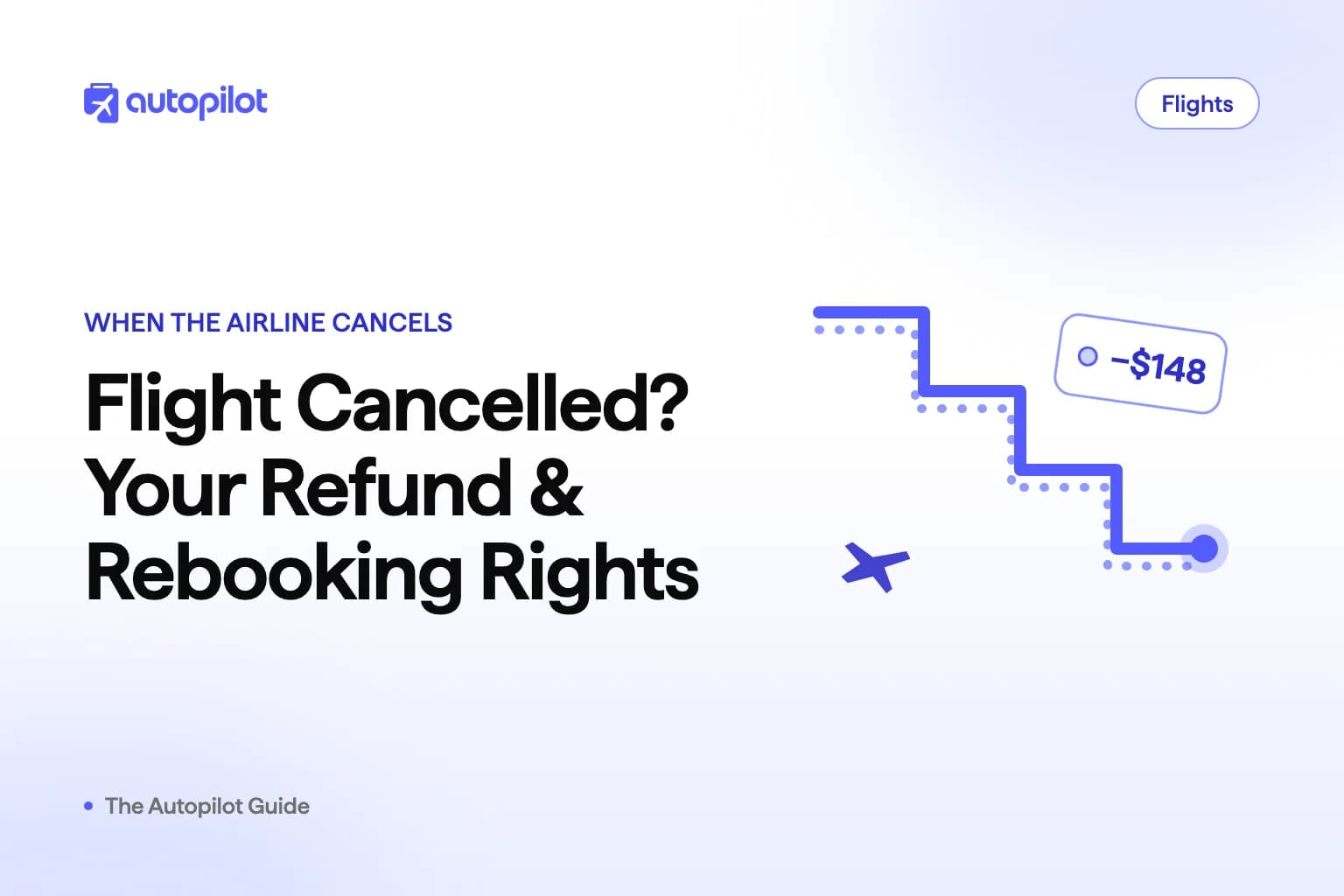 An airport departure board showing a cancelled flight beside a gate counter, illustrating a traveler's refund and rebooking rights